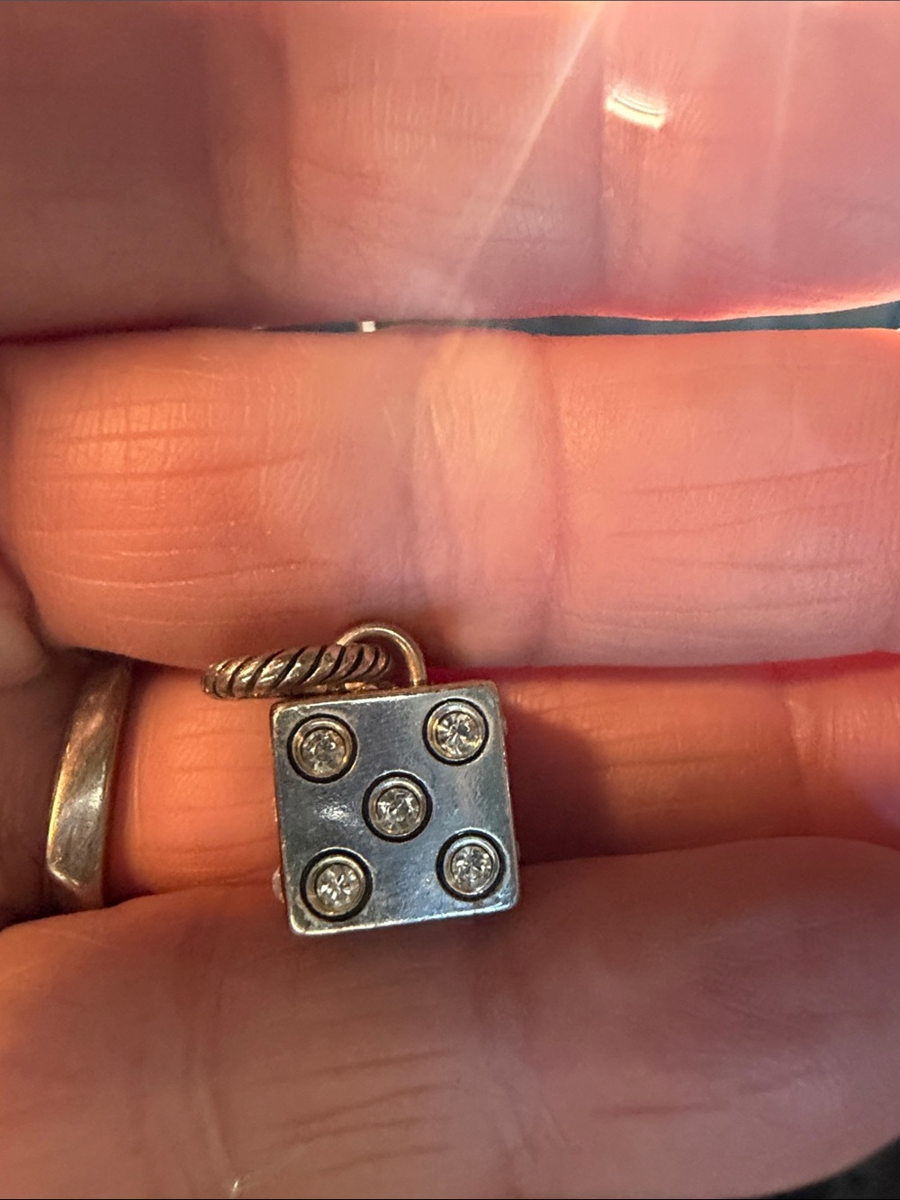Silver Tone “Lucky” Cube Charm with Hearts & Rhinestones